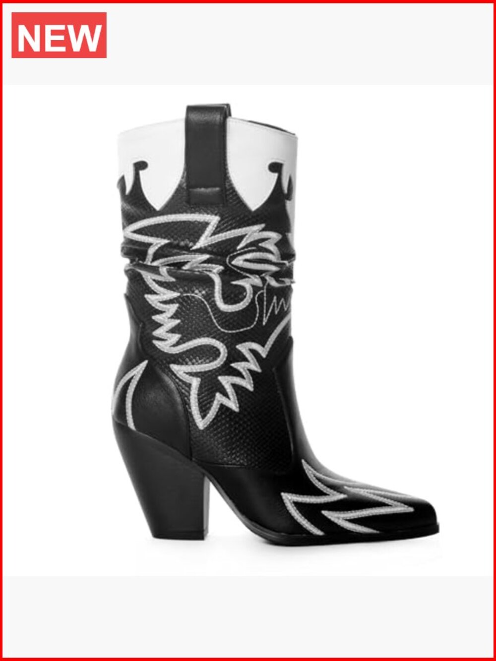 Cowboy Boots Mid Calf Knee High Chunky Heel Pointed Toe Western Embroidery Faux - Picture 2 of 6
